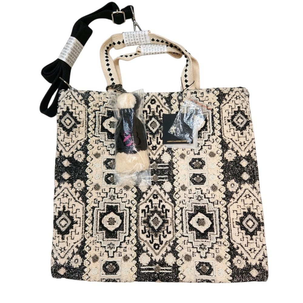 NWT America & Beyond Embellished Boho Beaded Woven Tote Bag Black Cream Medium